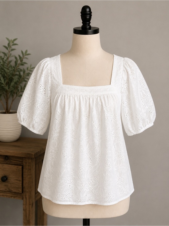 LOFT Tops - LOFT White Eyelet Square-Neck Puff Sleeve Top